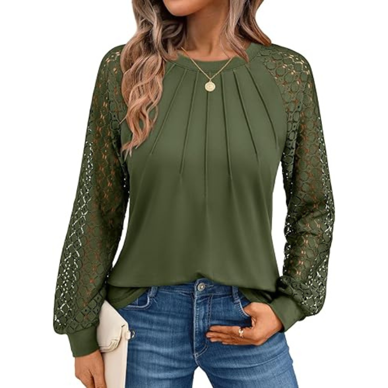 Long Sleeve Tops With Pleated Front And Lace Detail For Women