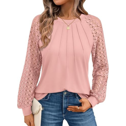 Long Sleeve Tops With Pleated Front And Lace Detail For Women