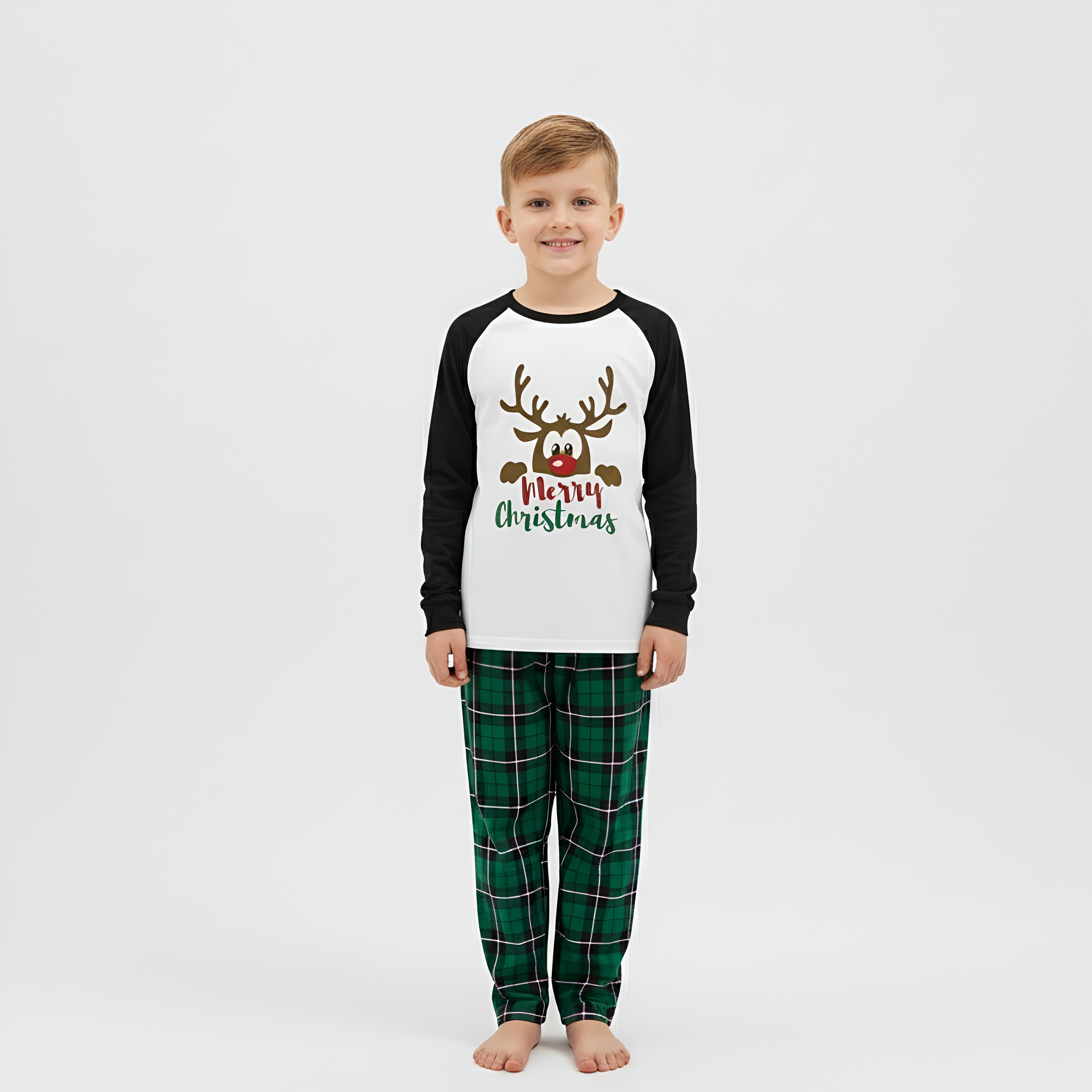 Green Plaid Reindeer Merry Christmas Family Matching Pajama Set