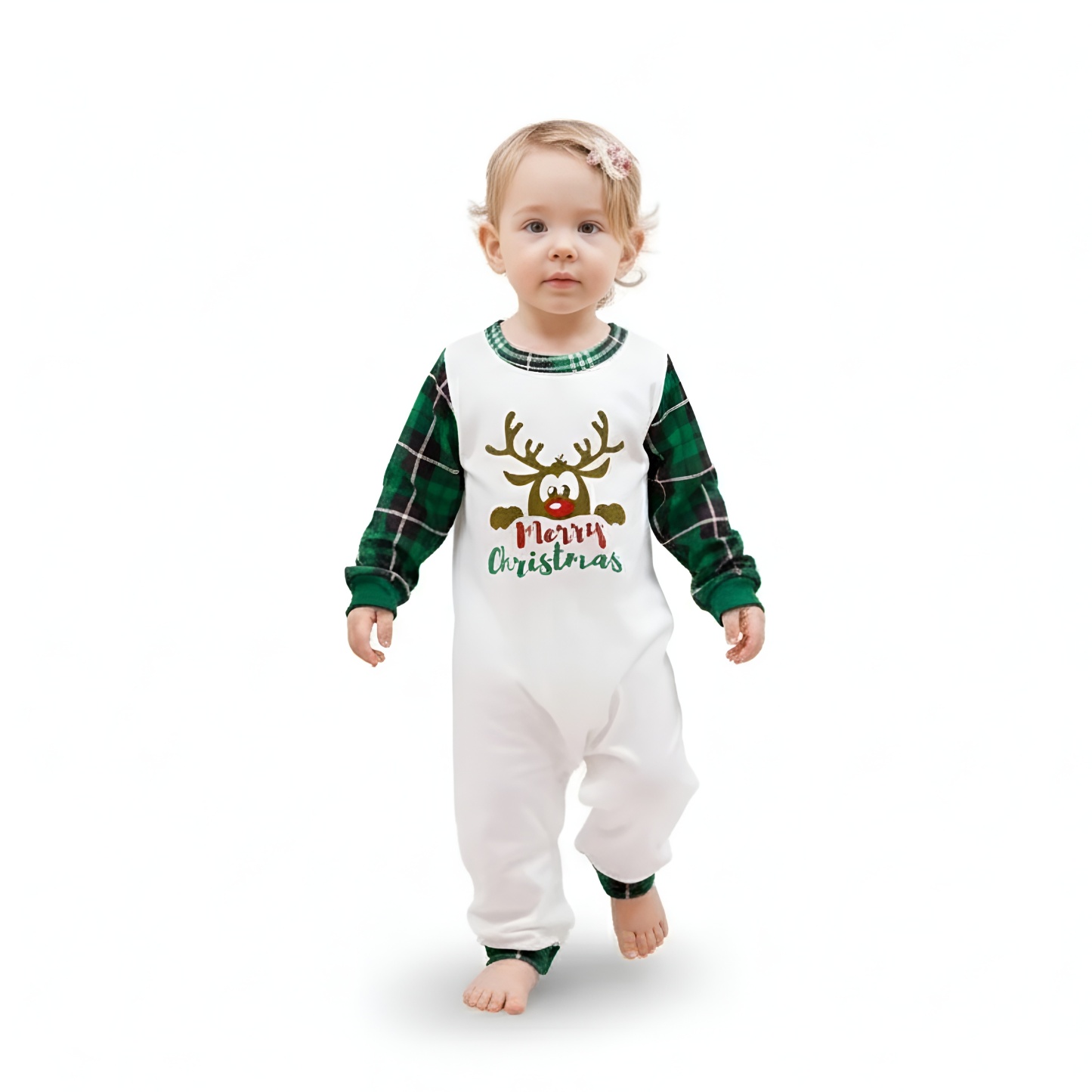 Green Plaid Reindeer Merry Christmas Family Matching Pajama Set