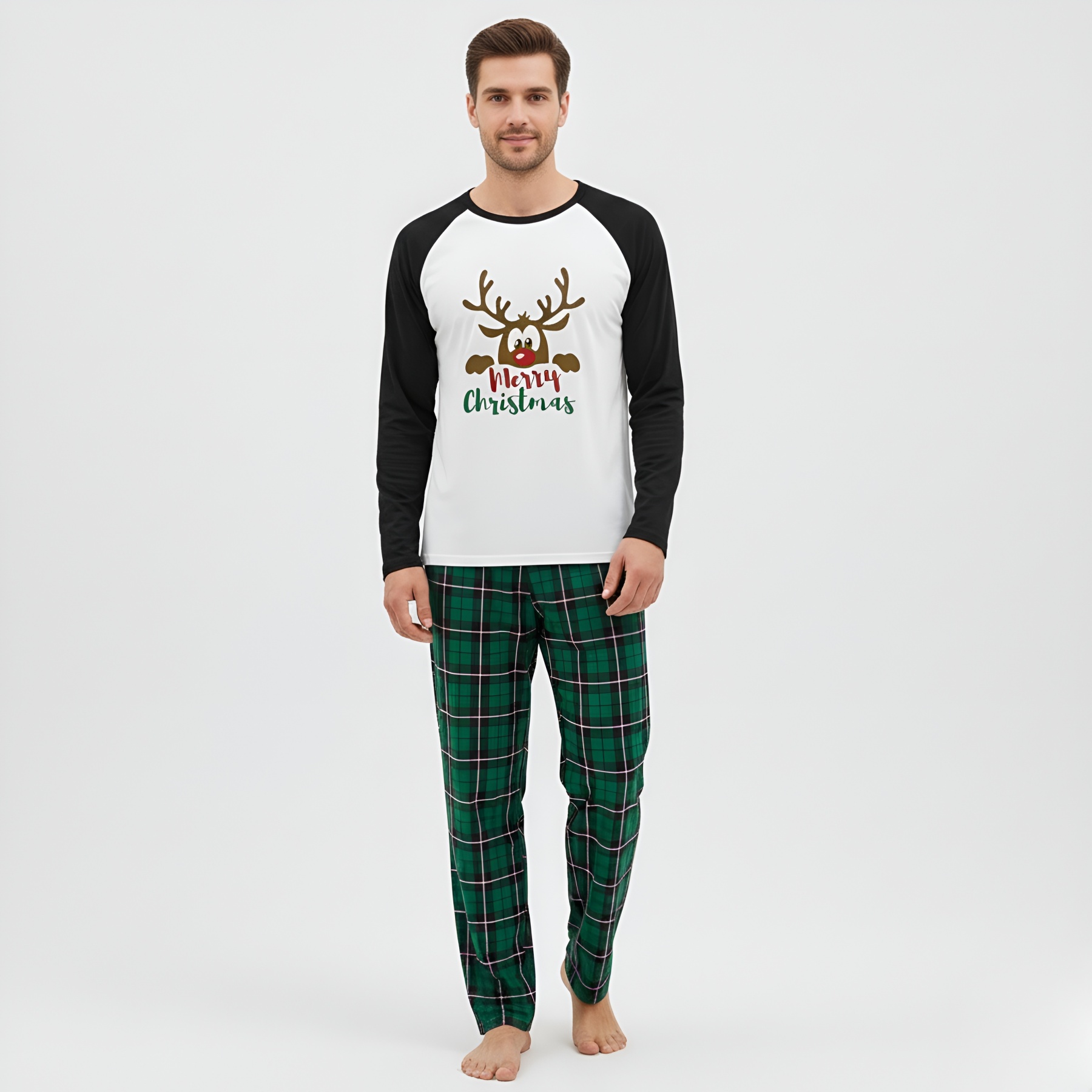 Green Plaid Reindeer Merry Christmas Family Matching Pajama Set
