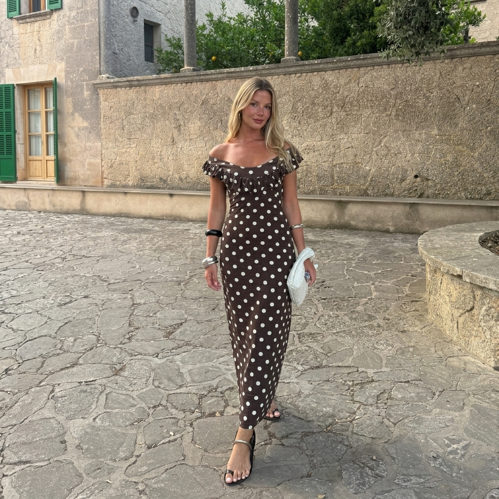 Polka Dot Maxi Dress With Elegant Tie Strap Design