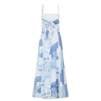 Printed Tie Back Midi Dress With Spaghetti Straps