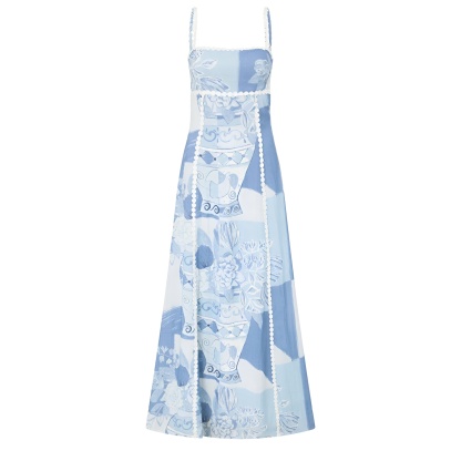 Printed Tie Back Midi Dress With Spaghetti Straps