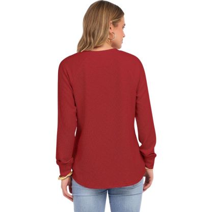 Women's Long Sleeve Waffle Knit Shirts Dressy Casual Loose Button Up V Neck
