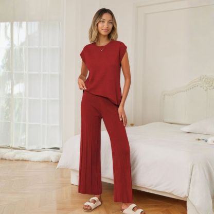 Lounge Sets for Women Two Piece Outfits Knit Cap Sleeve Tops Wide Leg