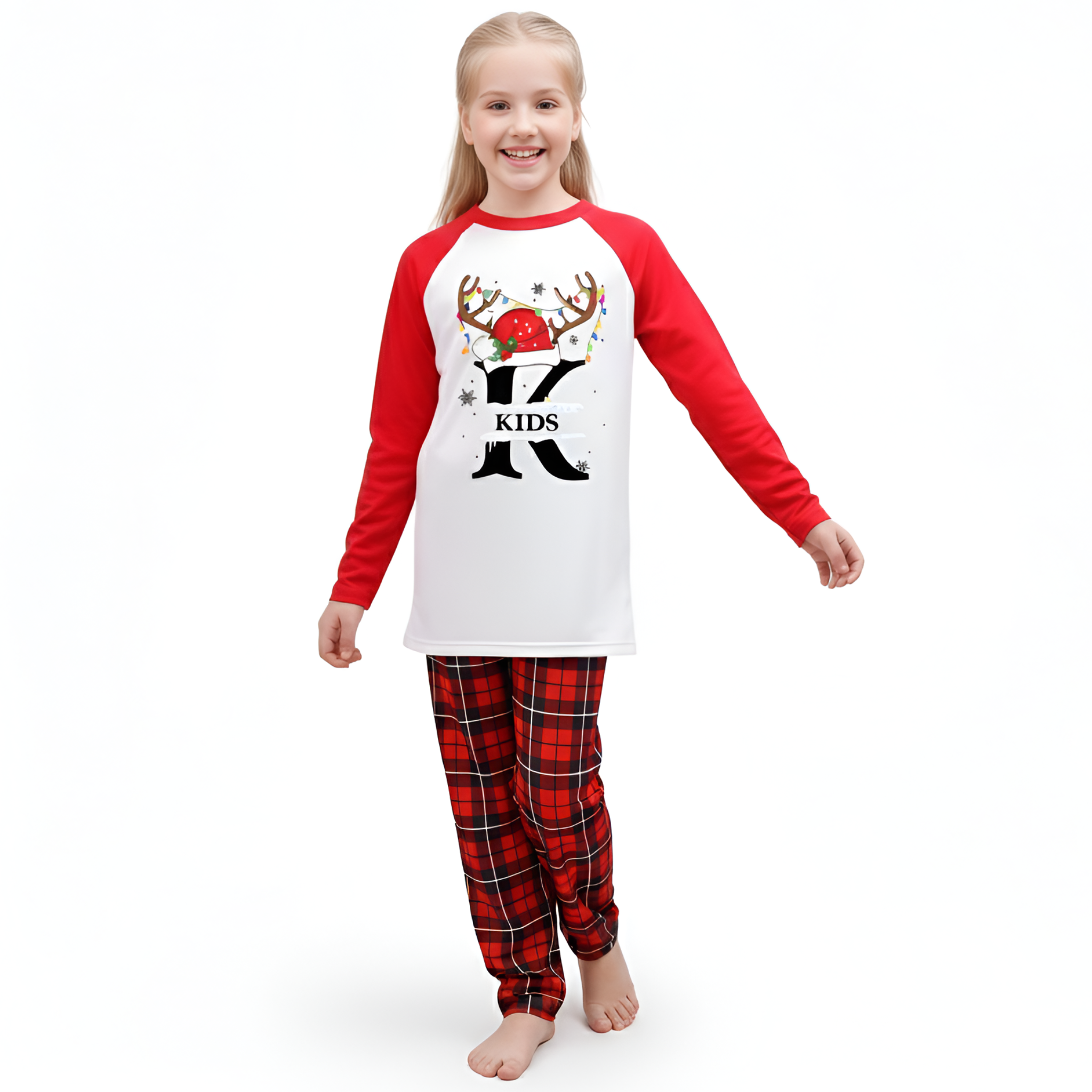 Red Plaid Pants and Reindeer Print Tops Family Matching Pajama Sets