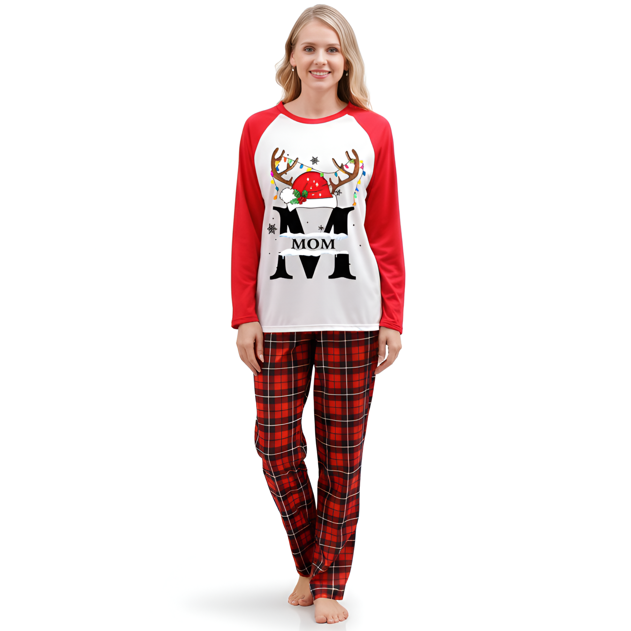 Red Plaid Pants and Reindeer Print Tops Family Matching Pajama Sets