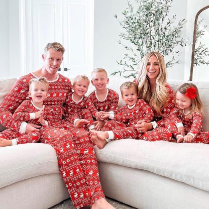 Red Reindeer Design Matching Family Christmas Pajamas With Long Sleeve Tops And Loungewear