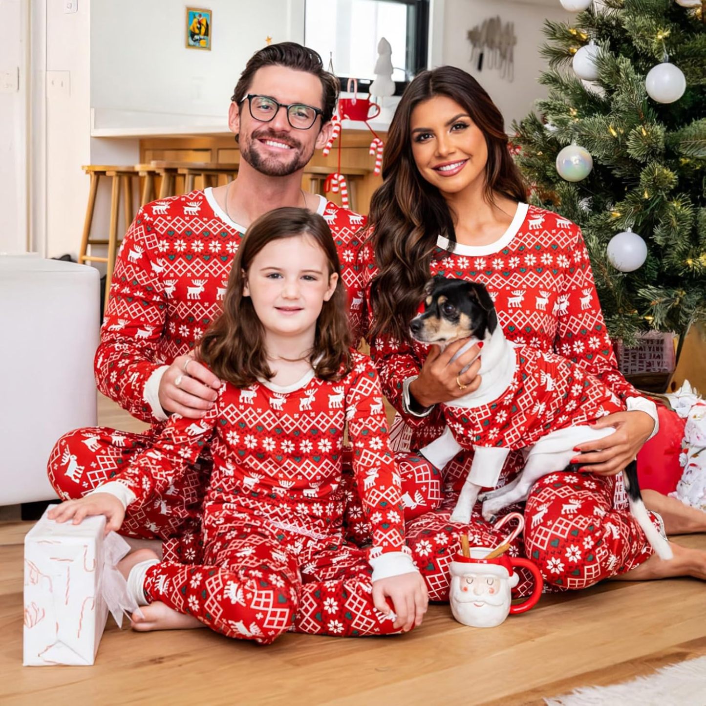 Red Reindeer Design Matching Family Christmas Pajamas With Long Sleeve Tops And Loungewear