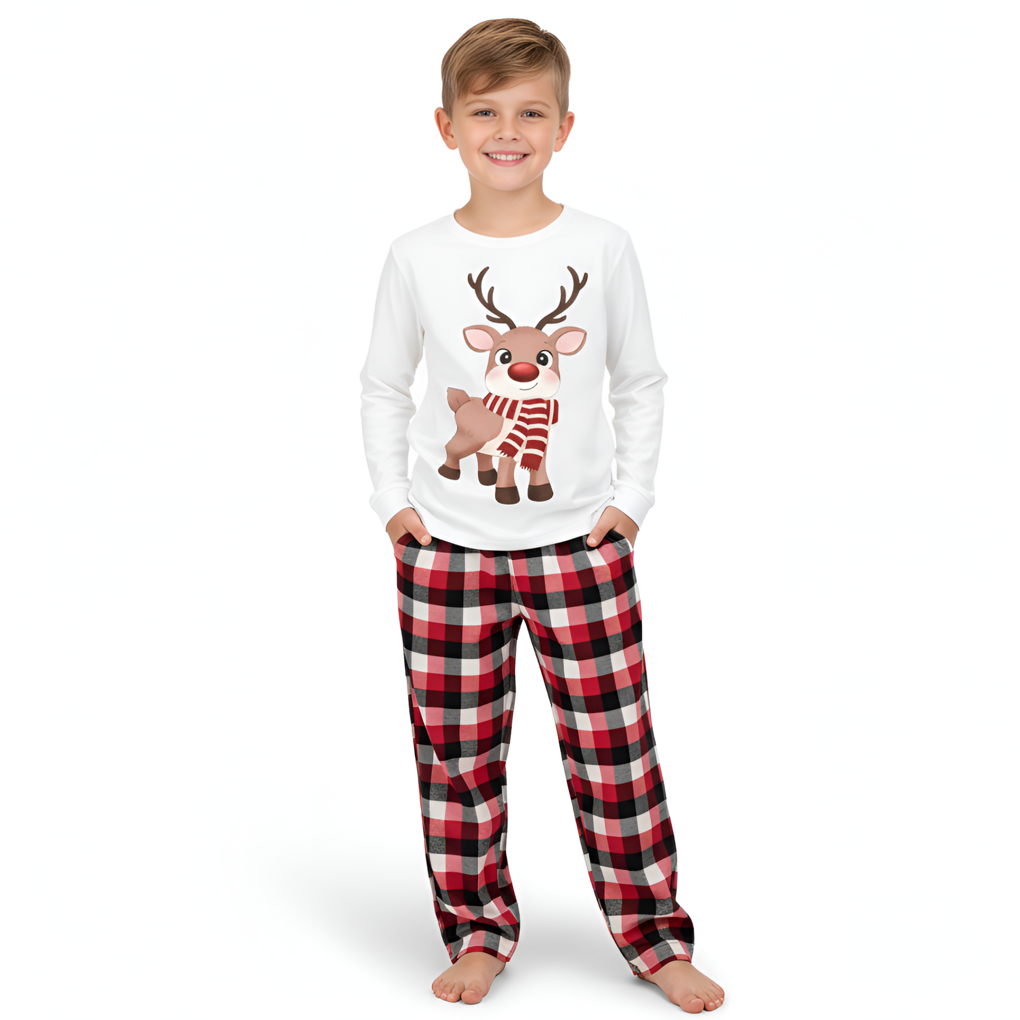 Reindeer Plaid Family Christmas Matching Pajama Set