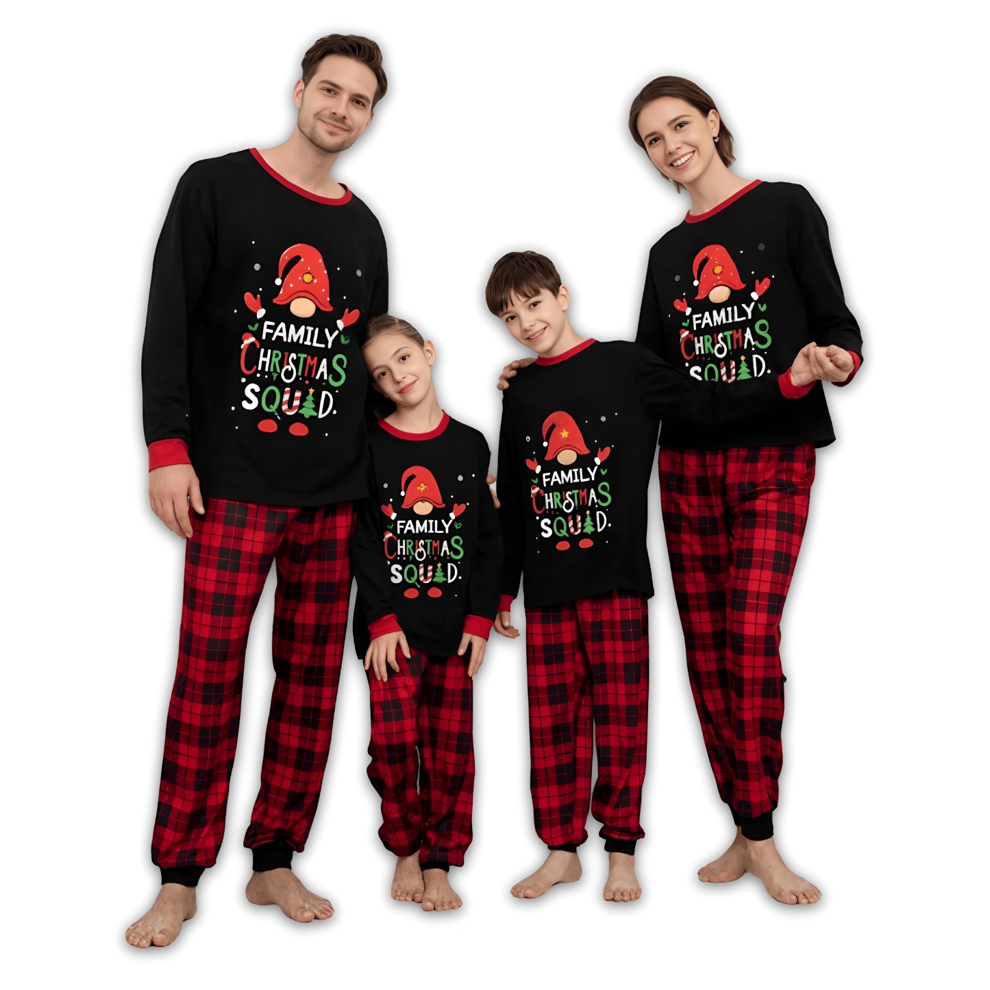 Santa Gnome Family Christmas Squad Printed Family Matching Plaid Pajama Set