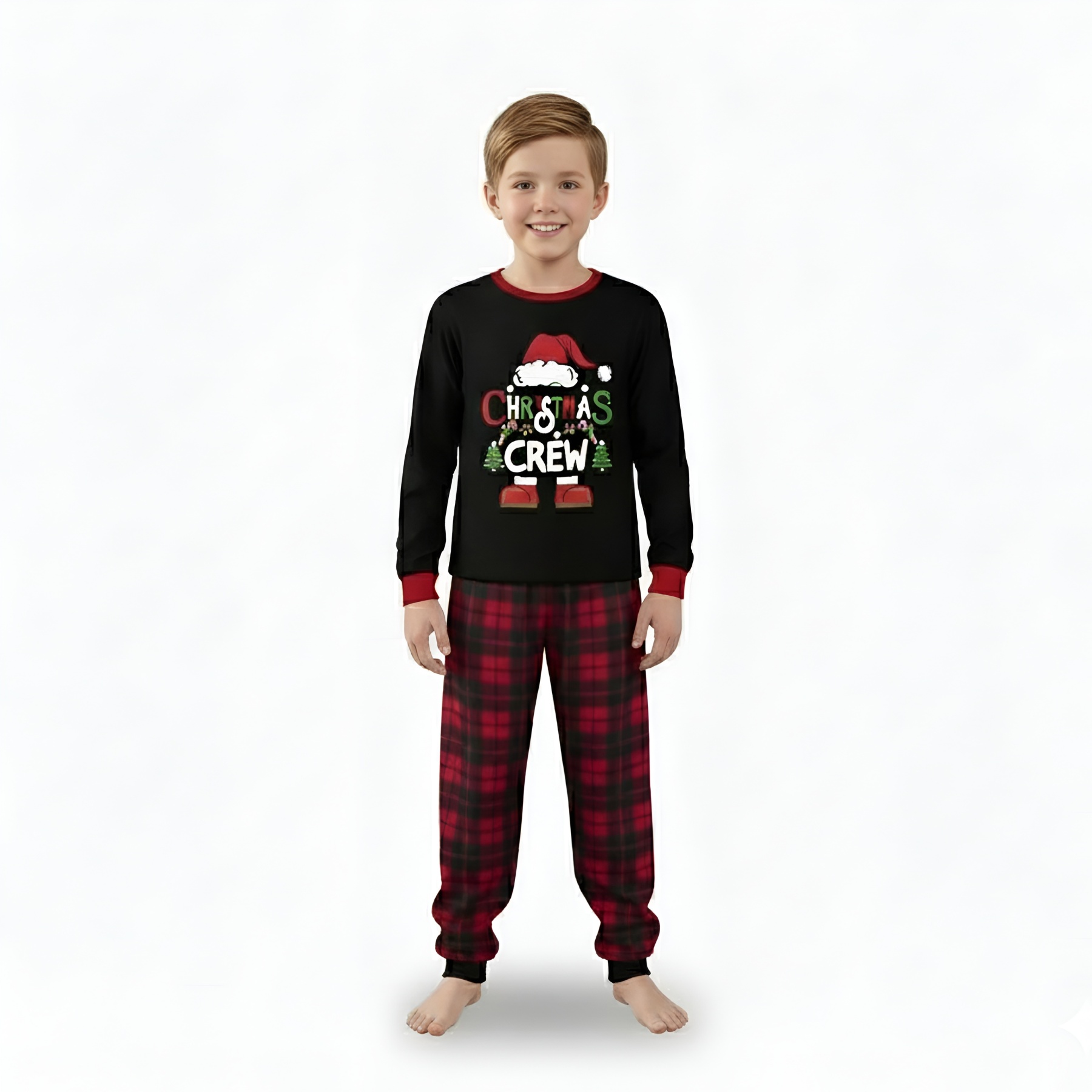 Santa Hat Christmas Crew Printed Family Matching Plaid Pajama Set