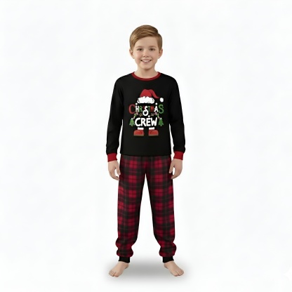 Santa Hat Christmas Crew Printed Family Matching Plaid Pajama Set