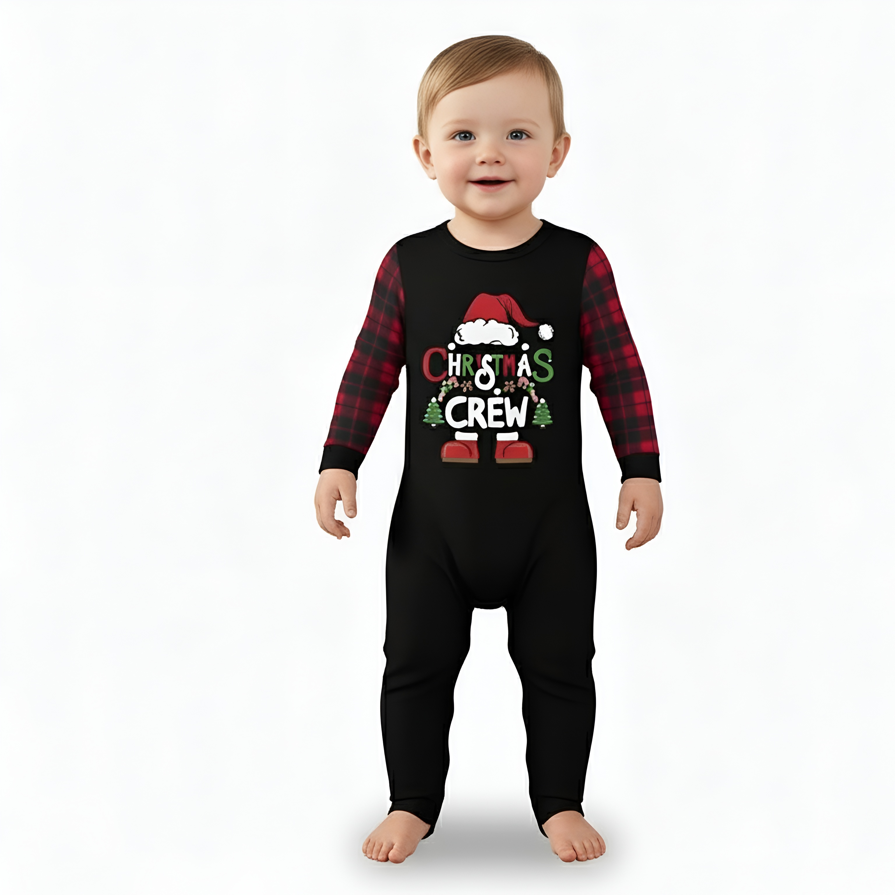 Santa Hat Christmas Crew Printed Family Matching Plaid Pajama Set