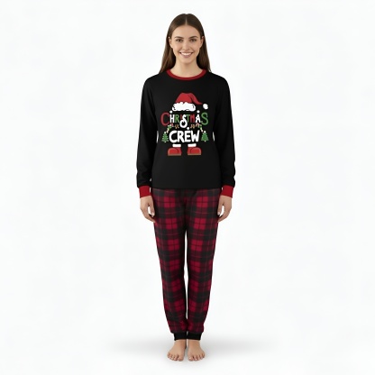 Santa Hat Christmas Crew Printed Family Matching Plaid Pajama Set