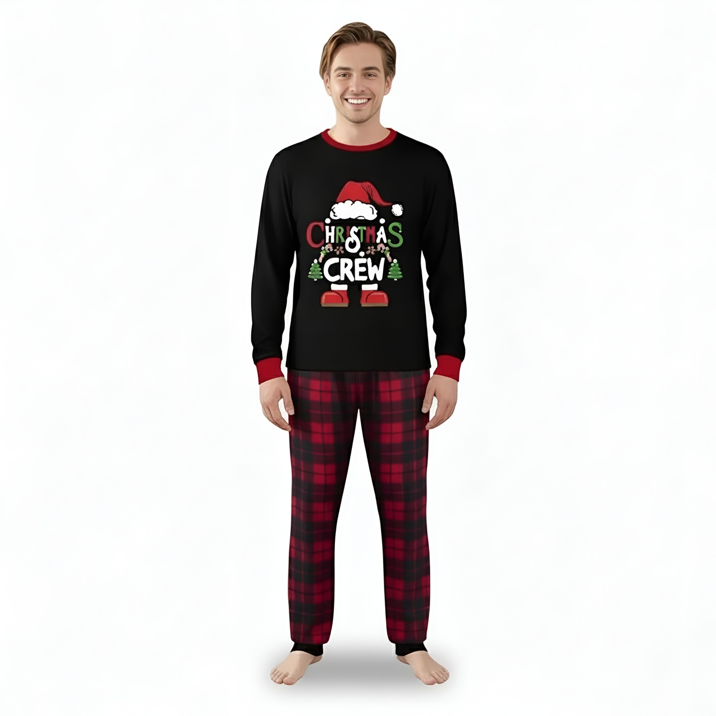Santa Hat Christmas Crew Printed Family Matching Plaid Pajama Set