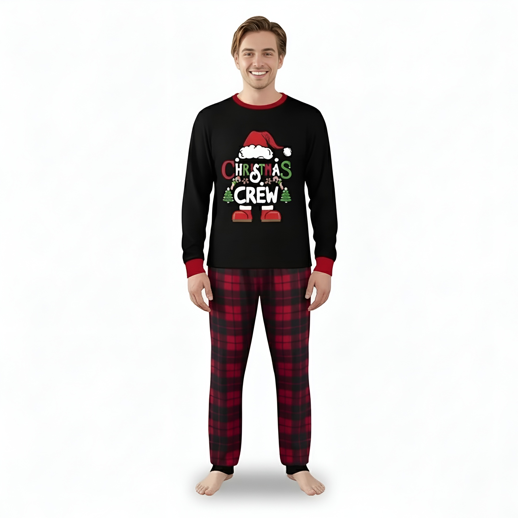 Santa Hat Christmas Crew Printed Family Matching Plaid Pajama Set