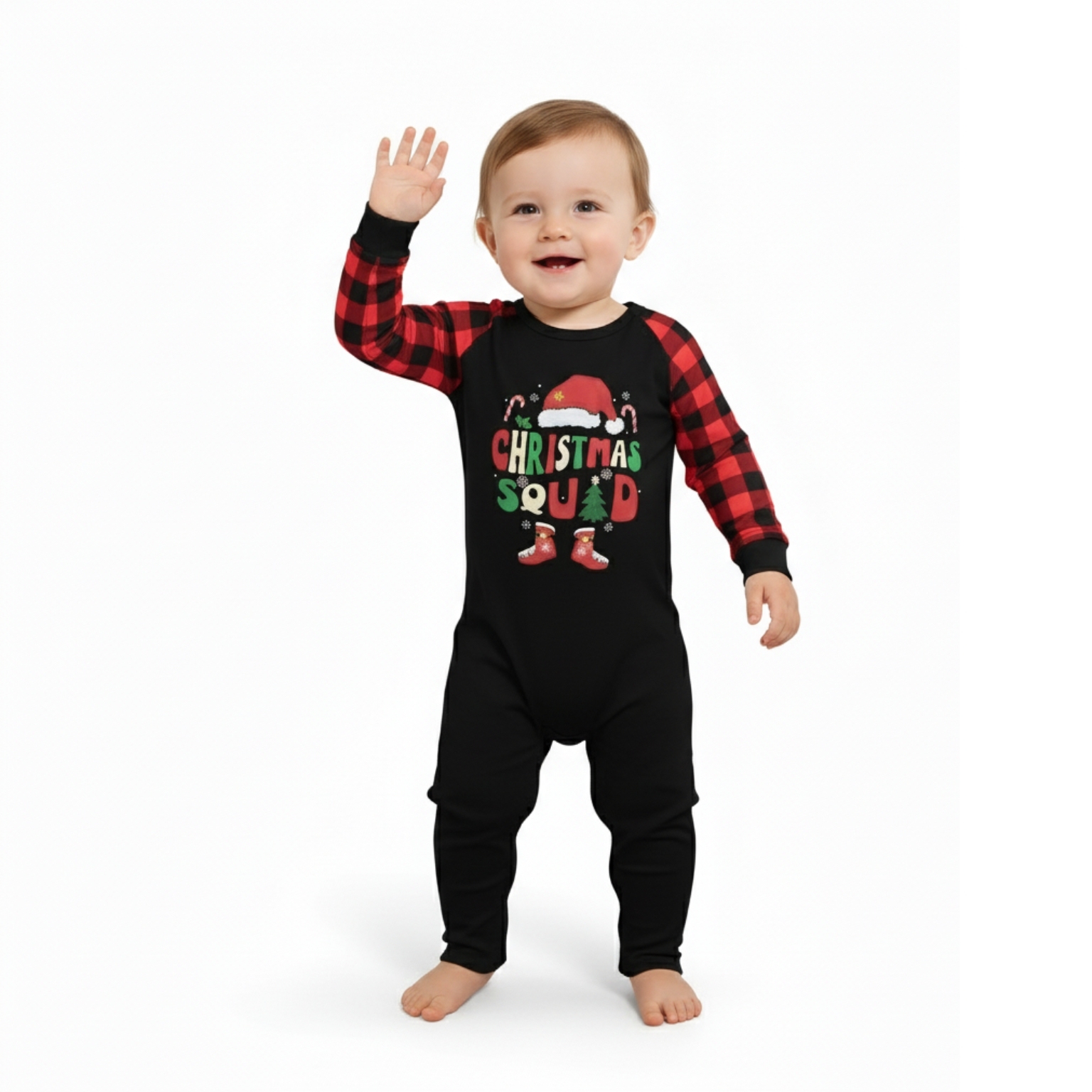 Santa Hat Christmas Squad Printed Family Matching Plaid Pajama Set