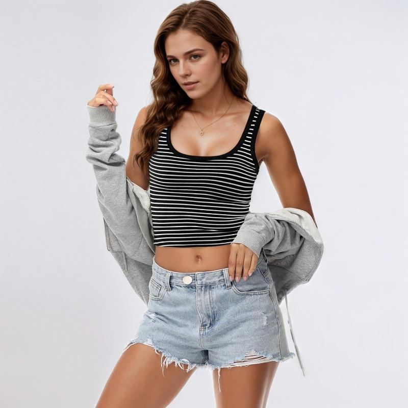 Sleeveless Fitted Tank Top Square Ribbed Basic Tee
