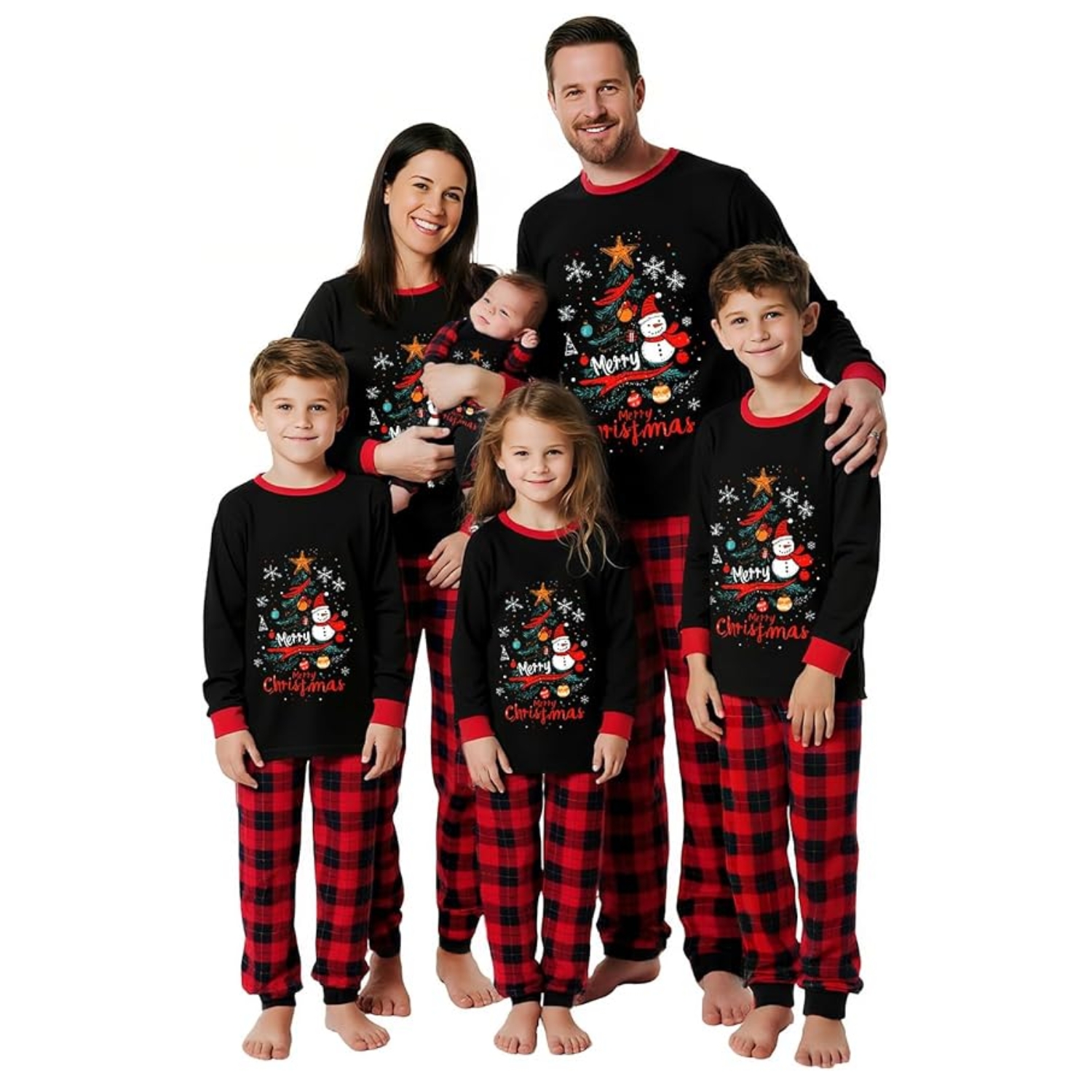 Snowman And Christmas Tree Printed Family Matching Plaid Pajama Set