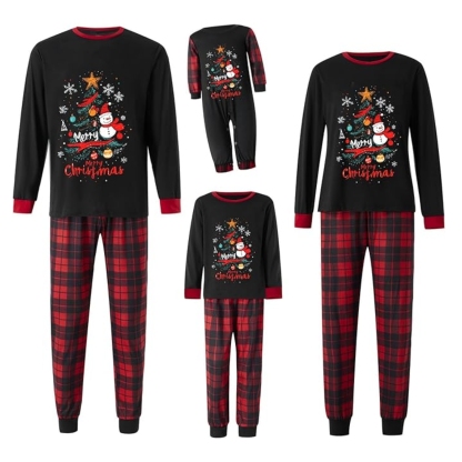 Snowman And Christmas Tree Printed Family Matching Plaid Pajama Set