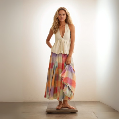 Soft Textured Pastel Plaid Midi Skirt