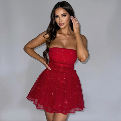 Strapless Glitter Mini Dress With Bow Back