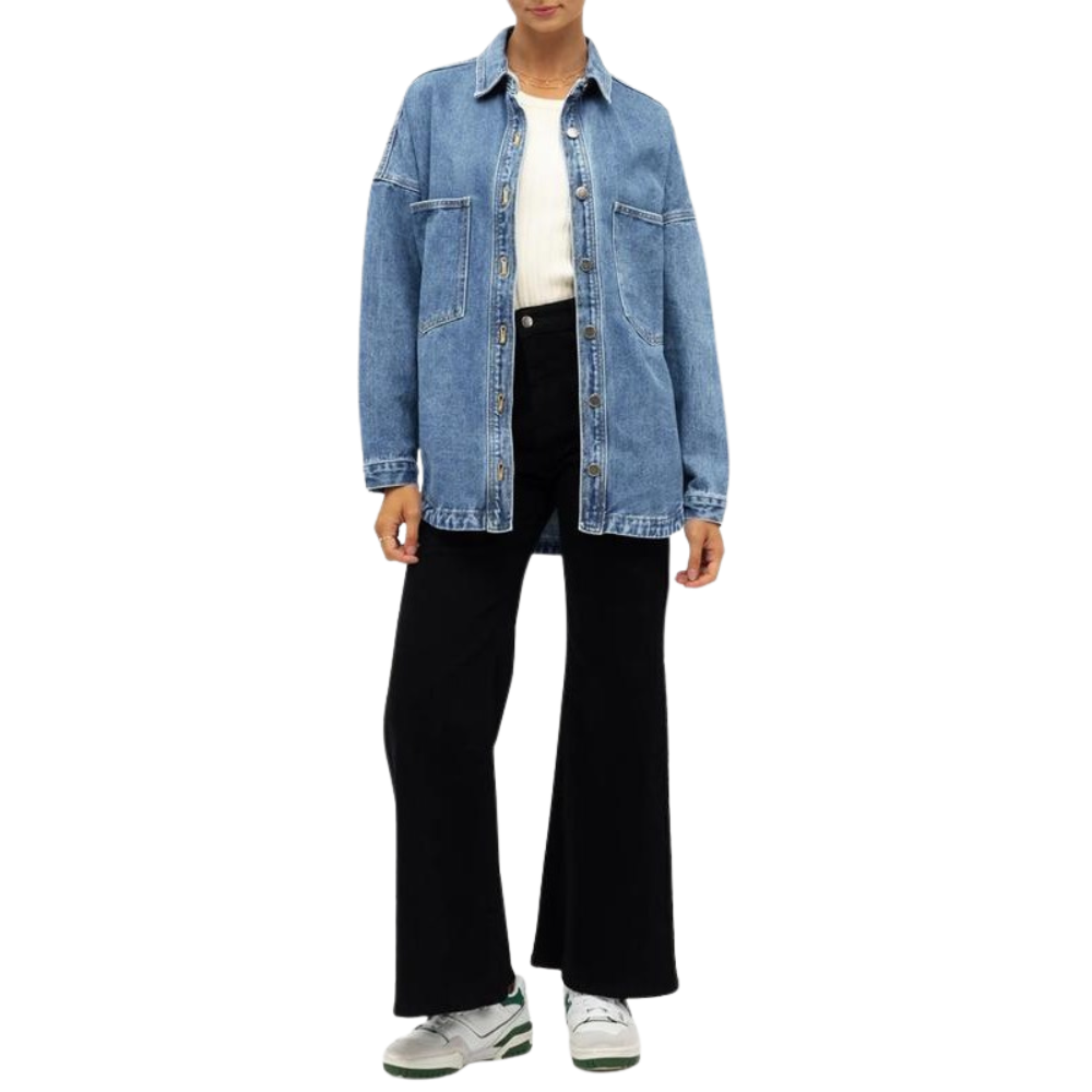 Casual Denim Shirt With Front Button Closure And Dual Pockets For Women