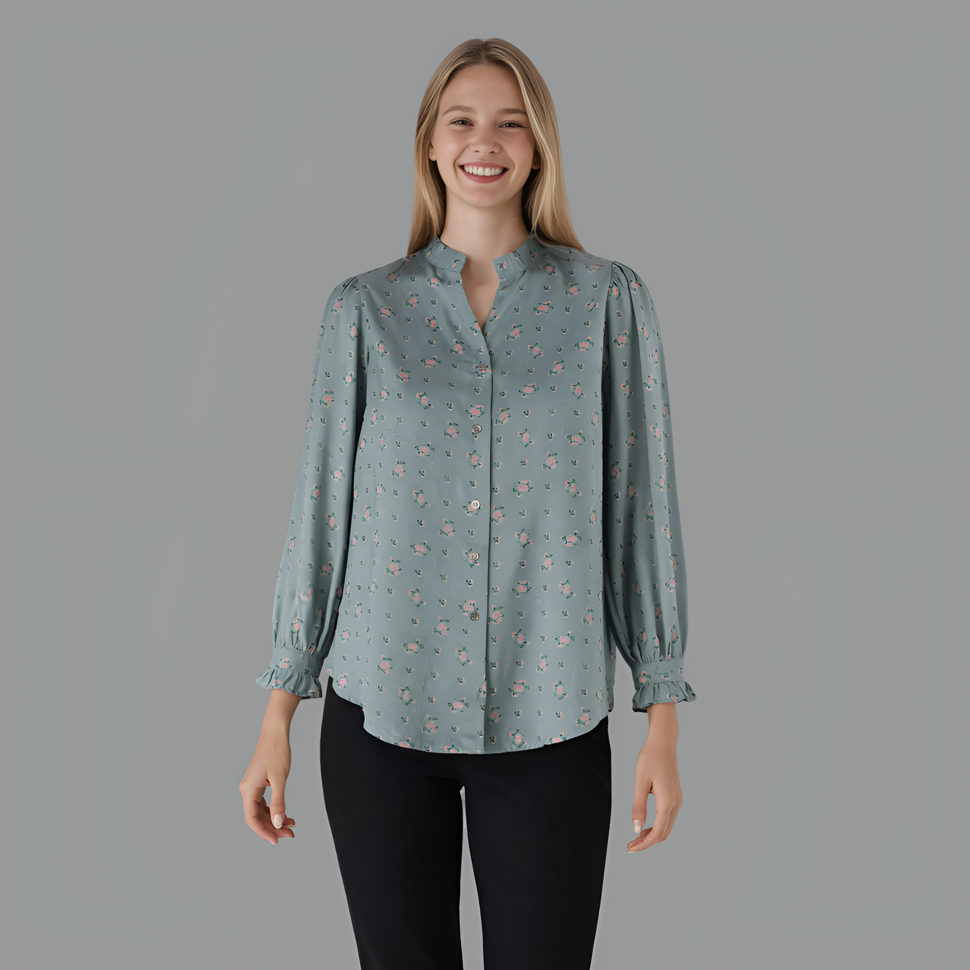 Loose Fit Floral Shirt With Front Button Closure And Long Sleeves For Women