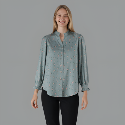 Loose Fit Floral Shirt With Front Button Closure And Long Sleeves For Women