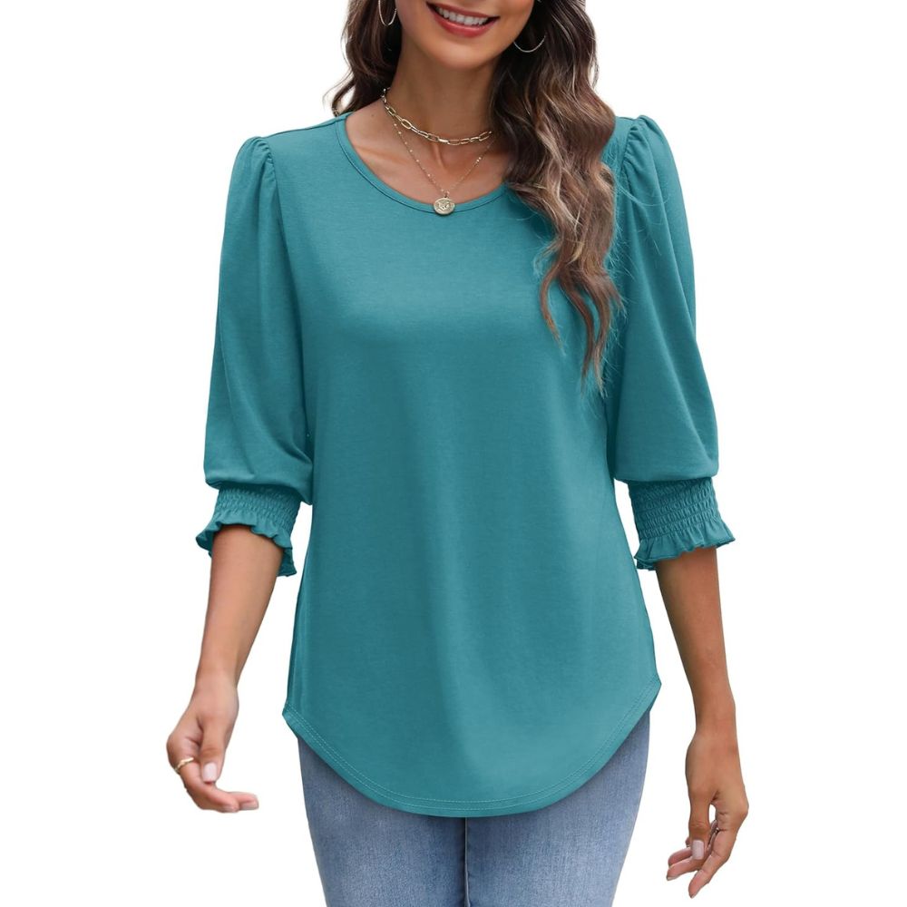 Dressy Casual 3/4 Length Sleeve Women's Tops with Smocked Cuffs