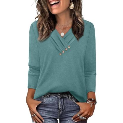 Long Sleeve Shirts for Women Fall Outfits V Neck T Shirts Button Down Tunic Tops