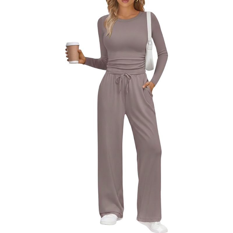 Two Piece Lounge Set With Long Sleeve Top And Drawstring Pants For Wom