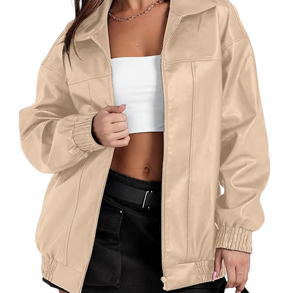 Women Faux Oversized Motorcycle Bomber Fall Fashion Leather Jacket