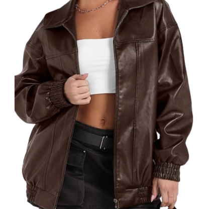 Women Faux Oversized Motorcycle Bomber Fall Fashion Leather Jacket