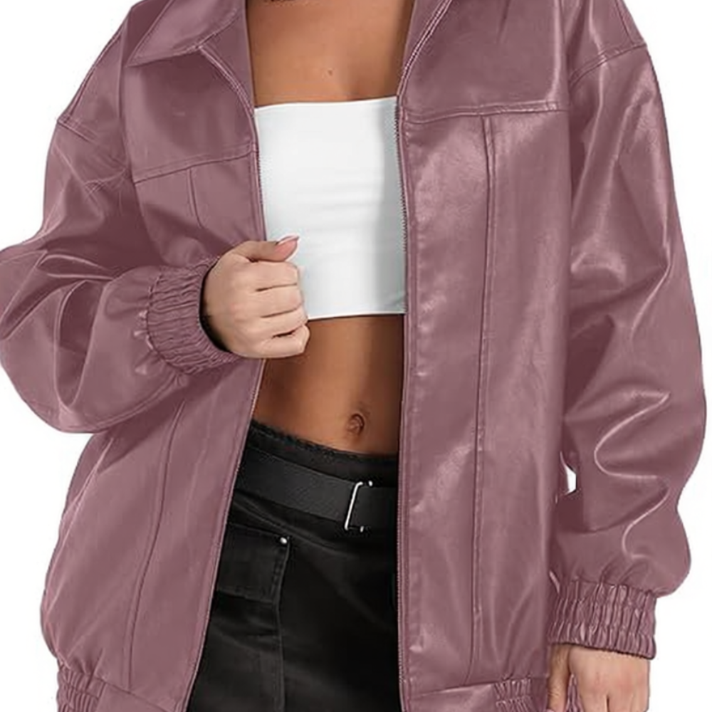 Women Faux Oversized Motorcycle Bomber Fall Fashion Leather Jacket