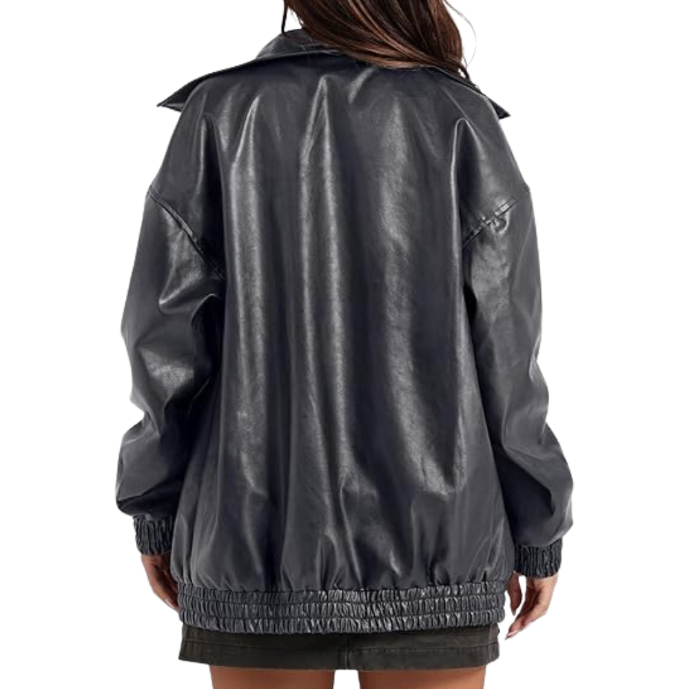 Women Faux Oversized Motorcycle Bomber Fall Fashion Leather Jacket