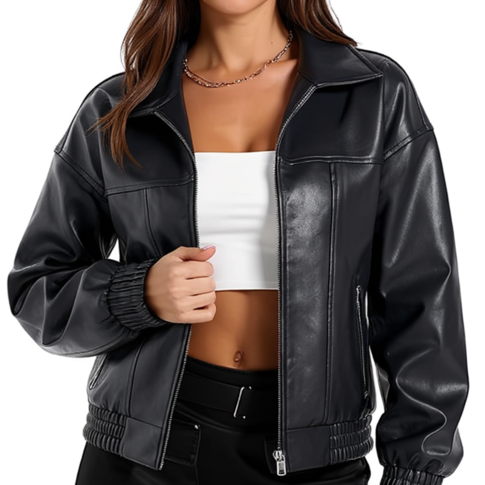 Women Faux Oversized Motorcycle Bomber Fall Fashion Leather Jacket