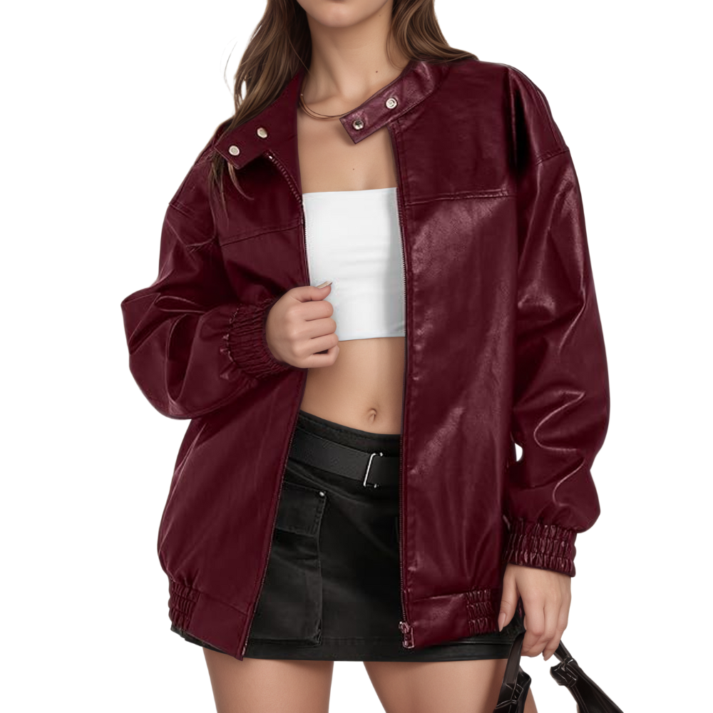 Women Faux Oversized Motorcycle Fall Fashion Leather Bomber Coats