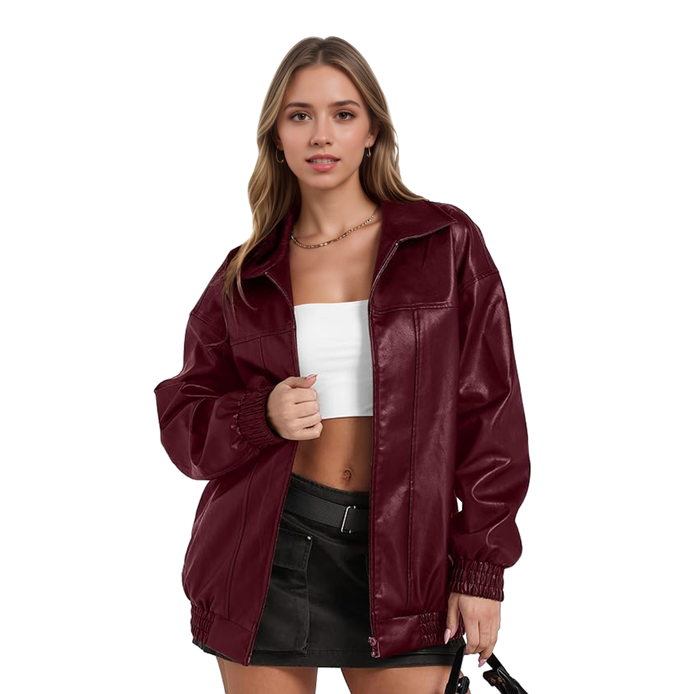 Women Oversized Faux Leather Motorcycle Zip Up Jacket
