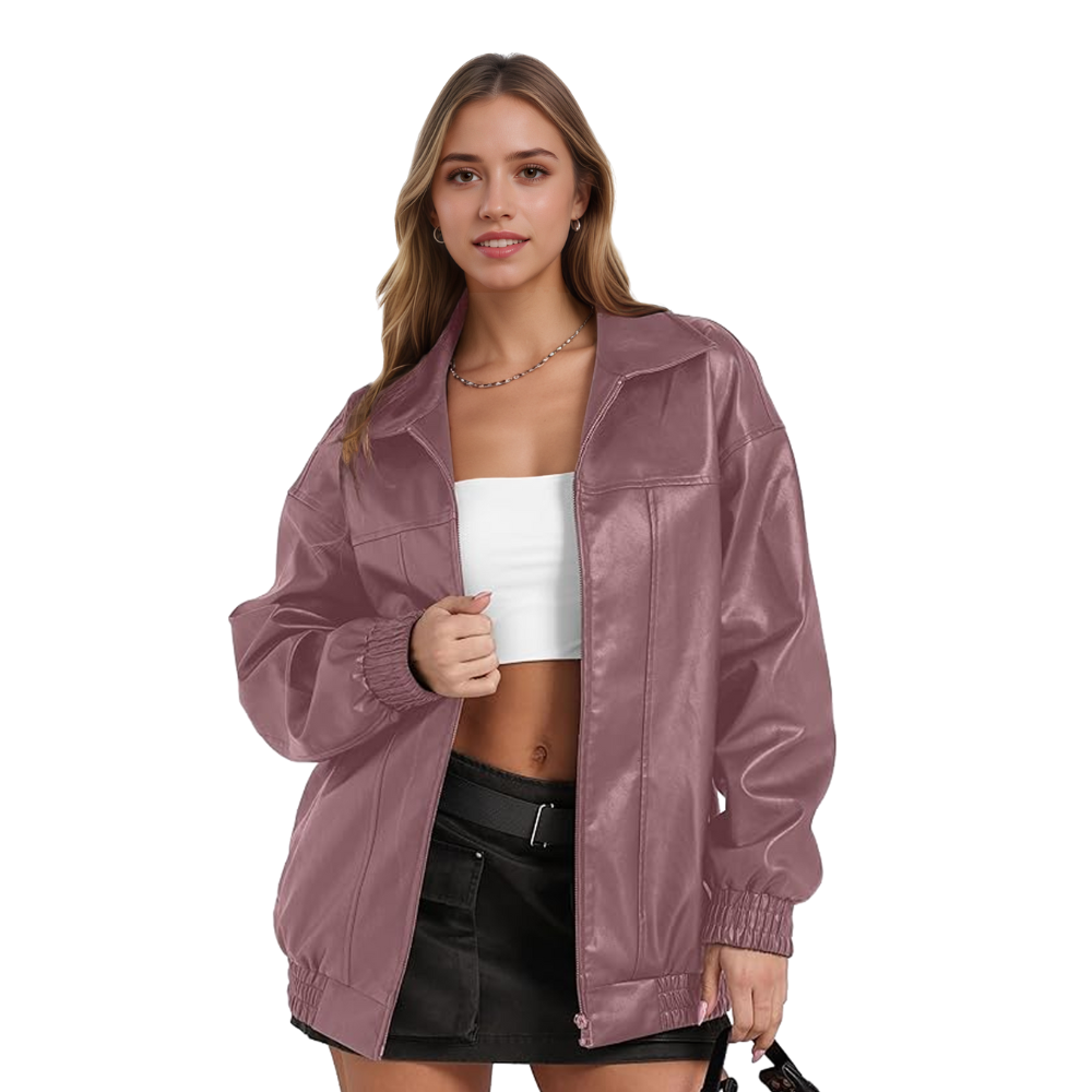 Women Oversized Faux Leather Motorcycle Zip Up Jacket