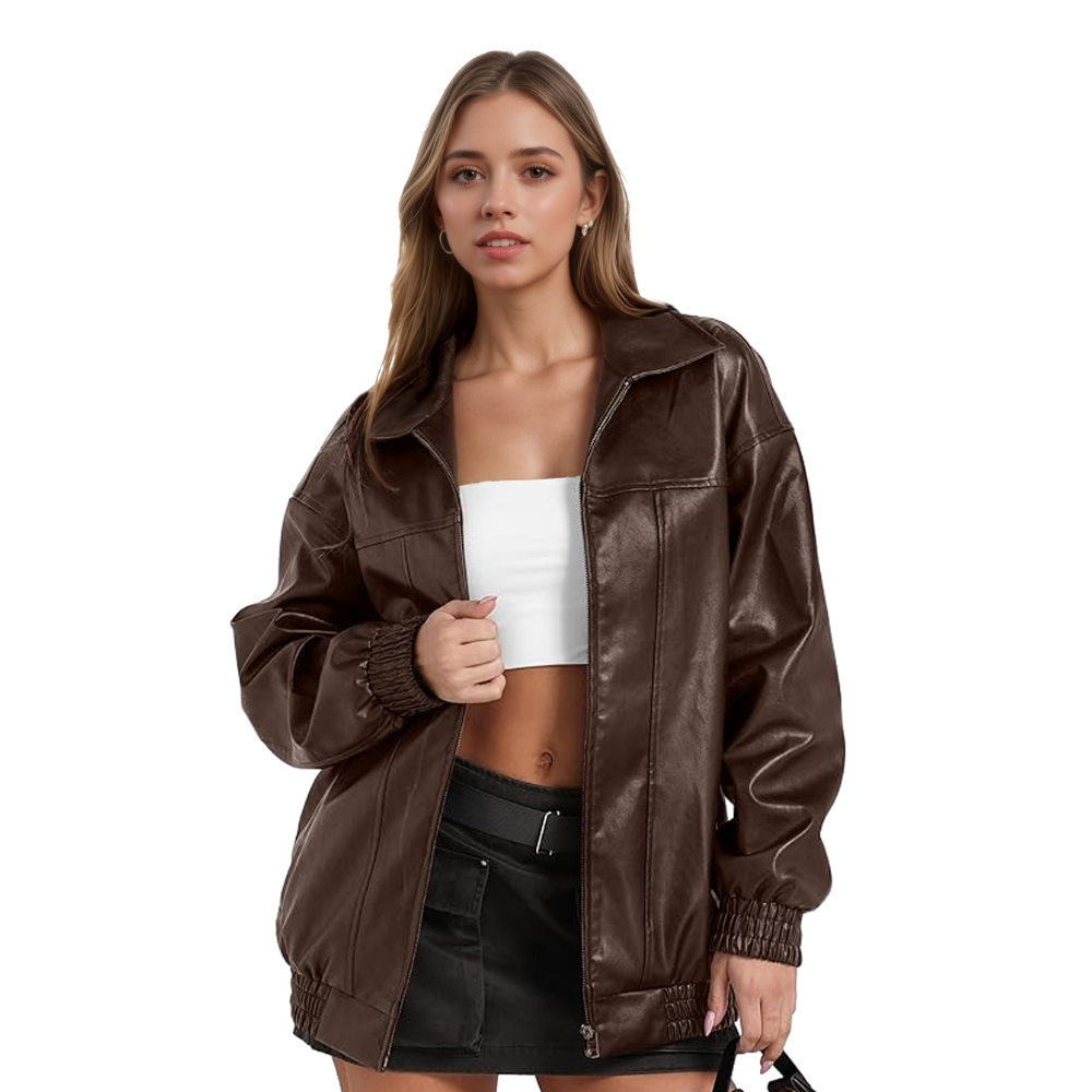 Women Oversized Faux Leather Motorcycle Zip Up Jacket
