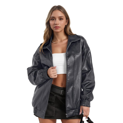 Women Oversized Faux Leather Motorcycle Zip Up Jacket