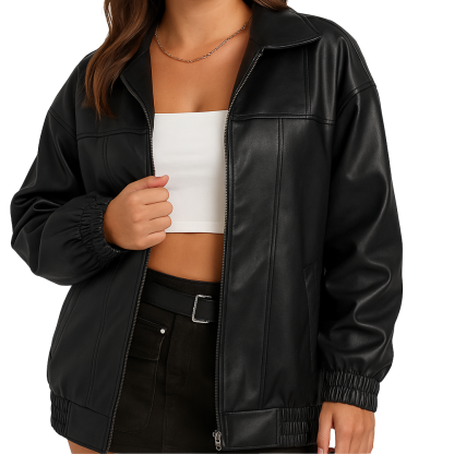 Women Oversized Faux Leather Motorcycle Zip Up Jacket