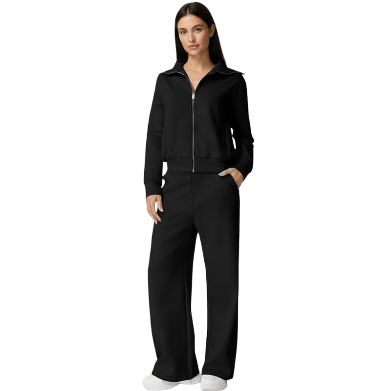 Womens Cotton 2 Piece Outfits Lapel Long Sleeve Zip Up Sweatshirt
