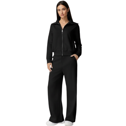 Womens Cotton 2 Piece Outfits Lapel Long Sleeve Zip Up Sweatshirt