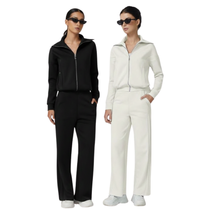Womens Cotton 2 Piece Outfits Lapel Long Sleeve Zip Up Sweatshirt