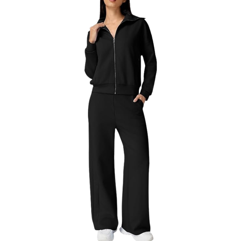 Womens Cotton 2 Piece Outfits Lapel Long Sleeve Zip Up Sweatshirt