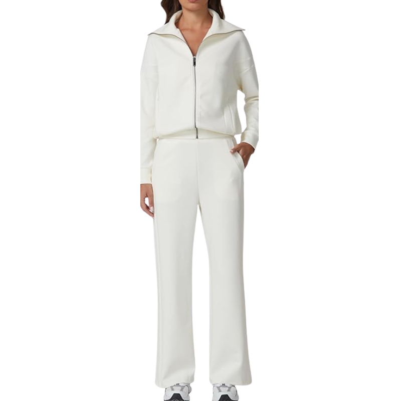 Womens Cotton 2 Piece Outfits Lapel Long Sleeve Zip Up Sweatshirt